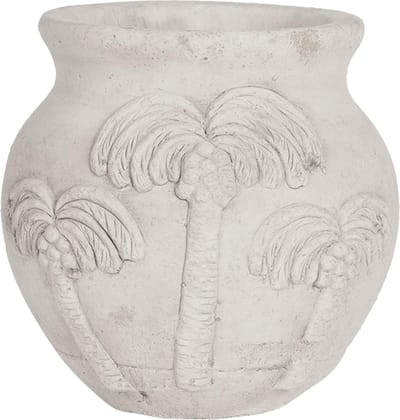 Clayre & Eef Bloempot Ø 15x14 cm Wit Steen Rond Palmbomen Bloempot binnen
