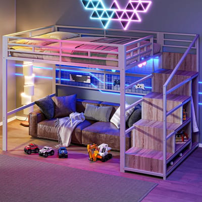 DESMIU Hoogslaper 140x200 cm - Hoogslaper met Kledingkast en Opbergtrap - Hangrooster en Ruimte Onder Bed - Voor Jeugdkamer - Metaal - Wit - Zonder Matras