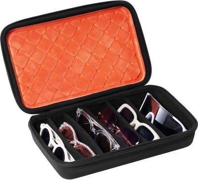 Draagbare zonnebril organizer voor reizen, meerdere brillen opbergtas met verstelbare verdelers, 7 slots voor eyeglasses, oranje zwart