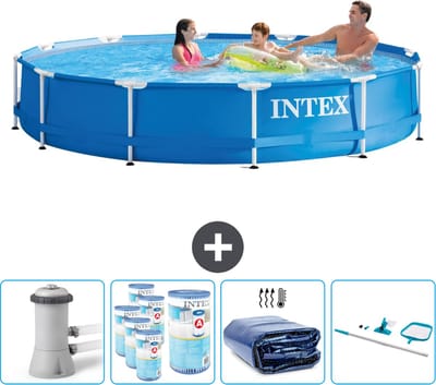 Intex Rond Frame Zwembad - 366 x 76 cm - Blauw - Inclusief Pomp Filters - Solarzeil - Schoonmaakset