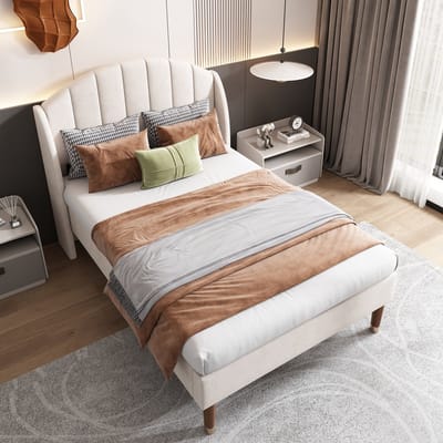 Wishdor Gestoffeerd Bed 90x200 cm – Beige Fluweel – Tijdloos Design – Stabiele Lattenbodem – 150 kg Draagvermogen