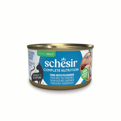 Schesir Complete Voeding filet in gelei 6 x 85 g in blikjes - Tonijn met Sardinen