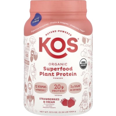KOS, Biologisch Superfood Plantaardig Eiwitpoeder, Aardbeien & Room, 2,34 lb (1.064 g)