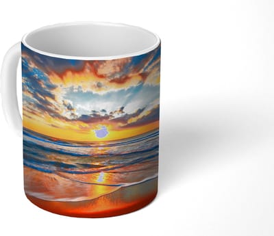 Mok - Koffiemok - Zee - Zonsondergang - Strand - Wolken - Oranje - Mokken - 350 ML - Beker - Koffiemokken - Theemok