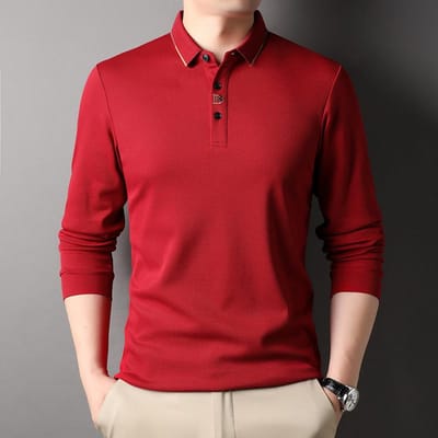T-shirt à manches longues pour hommes d'affaires à revers printemps et automne, chemise de fond décontractée pour jeunes et d'âge moyen, polo ample, vêtements pour hommes tendance XXXXL red
