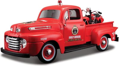 1948 Ford F1 Pick Up + 1936 El Knucklehead (Rood) (20cm) 1/24 Maisto - Modelauto - Schaalmodel - Model auto - Miniatuurautos - Miniatuur auto