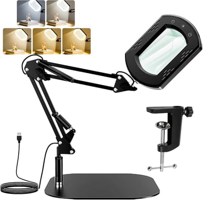 Vergrootglas met licht - Vergrootlamp leeslamp - Hobby en werk - Traploos dimbaar 5 kleuren - 28x28 cm voet - Zwart
