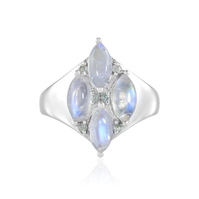 Cavill - Verstelbare Zilveren Ring - 925 Sterling Zilver Rhodium - 4 Blauwe Marquise Maansteen 2 7ct - 6 Zirkonia - Elegant