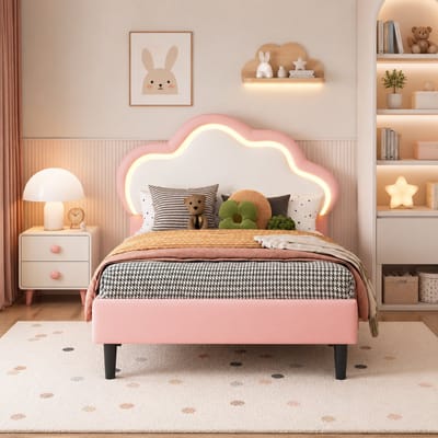 Gestoffeerd kinderbed 90x200 cm met LED-verlichting, eenpersoonsbed voor meisjes, met in hoogte verstelbaar hoofdeinde en lattenbodem, prinsessenbed, gestoffeerd bed, fluweel Roze