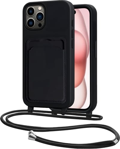 Hoes Geschikt voor iPhone 14 Pro Hoesje Pasjeshouder Cover Met Koord Case Siliconen Hoes Met Telefoonkoord en Kaarthouder - Zwart