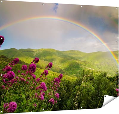 Gards Tuinposter Regenboog in de Heuvel Bossen - 150x120 cm - Tuindoek - Tuindecoratie - Wanddecoratie buiten - Tuinschilderij