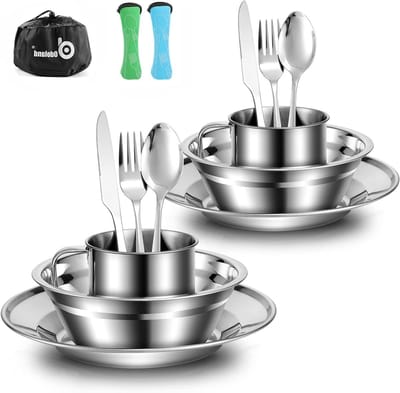Camping Bestekset van RVS met Bord, Kom, Vork, Lepel, Mes en Opbergtas voor Picknick en Reis