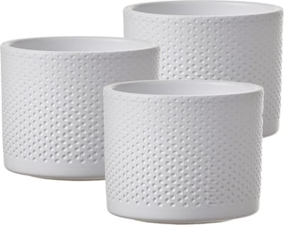 Mica Decorations Bloempot - Set van 3x stuks - wit - relief - keramiek - 12 x 10 cm - plantenpotten binnen