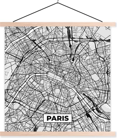 Posterhanger incl. Poster 40x40 cm - Schoolplaat - Frankrijk - Plattegrond - Kaart - Parijs - Stadskaart - Textielposter - Blanke latten - Stadskaart