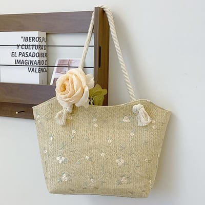 Zomer Grote Tas Dames Tas Nieuwe Kanttas Ins Stro Geweven Schoudertas Grote Capaciteit Bloem Geweven Handtas beige