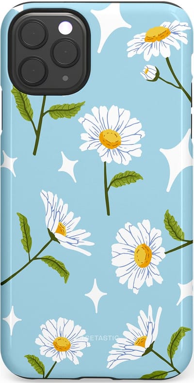 Casetastic hoesje geschikt voor Apple iPhone 11 Pro Max - Dubbellaagse bescherming - Margrietjes in de Wind - Fashion Case - Lichtblauw Wit Groen