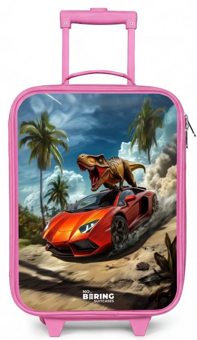 NoBoringSuitcases.com® - Kinderkoffer roze - Kindertrolley meisje - Rode sportauto met dino raast door tropisch strand - Koffer kind lichtgewicht - Reiskoffer trolley voor kinderen - Koffertje met lichtgevende wieltjes - Rolkoffer