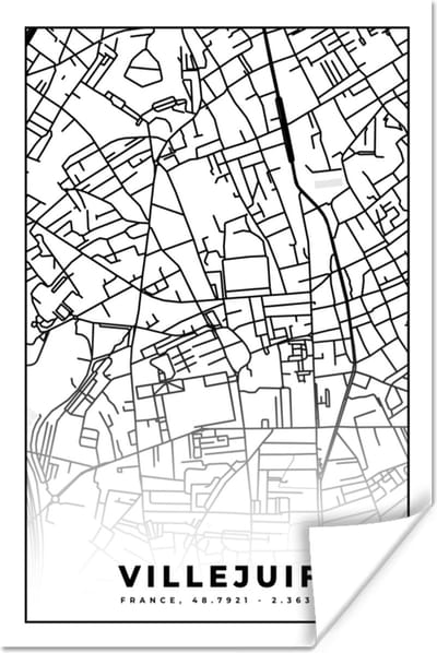 Poster Stadskaart - Frankrijk - Villejuif - Kaart - Plattegrond - Zwart wit - 120x180 cm XXL
