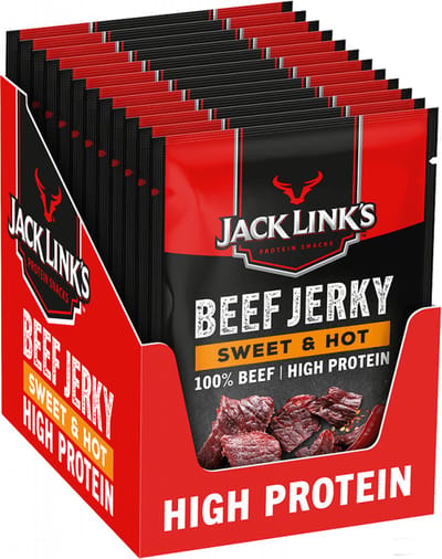 Jack Link's Sweet & Hot Beef Jerky - High Protein - 100% Beef - Hoog in Eiwitten - Ideale Proteine Snack - voor Tussendoor, Onderweg of voor het Sporten - 12x60g
