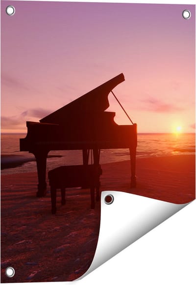 Gards Tuinposter Piano op het Strand bij Zonsondergang - 40x50 cm - Tuindoek - Tuindecoratie - Wanddecoratie buiten - Tuinschilderij