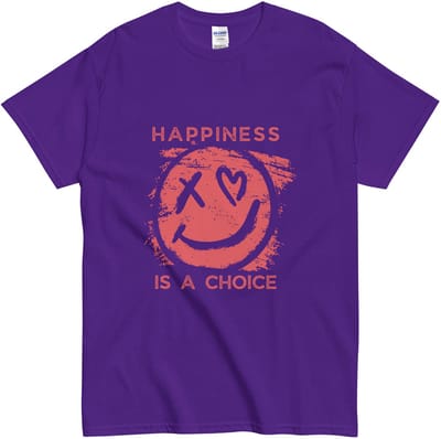 Dames en Heren T Shirt Met Smiley en Quote: Happiness is a Choice - Positieve Inspiratie - Paars - S