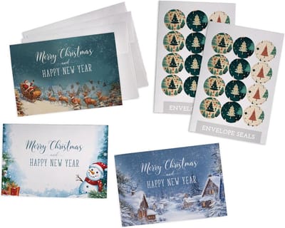 24 Kerstkaarten Set met Enveloppen en Zegelstickers - Besneeuwd Thema