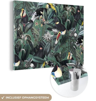 MuchoWow® Glasschilderij 160x120 cm - Schilderij acrylglas - Bloemen - Vogel- Collage - Foto op glas - Schilderijen