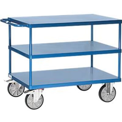 Fetra 2423B tafelwagen, tot 600 kg, 3 etages met plateaus, laadvlak L 1200 x B 800 mm, TPE-banden, duwbeugel, staal, glanzend blauw