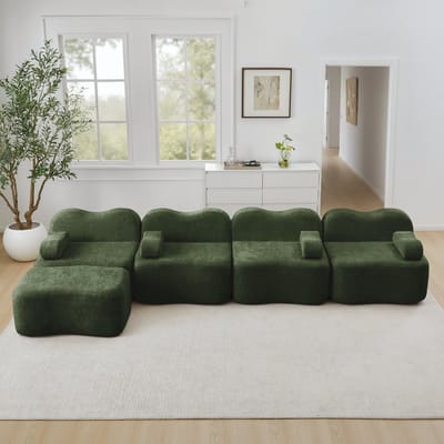 MODFU Modulaire Hoekbank - L-Vorm - 4-Zits Met Hocker - Golvend Ontwerp - Fluweel - Groen