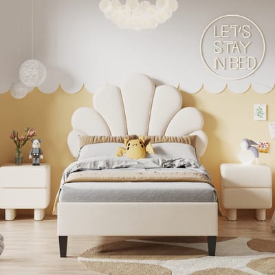 MEUNIQ gestoffeerd kinderbed 90 x 200 cm met lattenbodem en bloemenvormig hoofdbord, eenpersoons bedframe voor kinderkamer of slaapkamer, beige