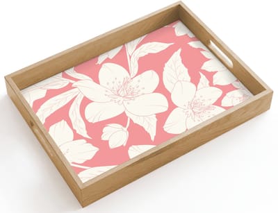 Dienblad hout 40x30 cm - Schootdienblad - Bloemen - Patroon - Roze - Wit - Borrelplank rechthoek - Plateau dienbladen