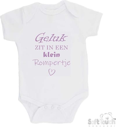 100% katoenen Romper "Geluk zit in een klein rompertje" Meisjes Katoen Wit/Lila Maat 62/68