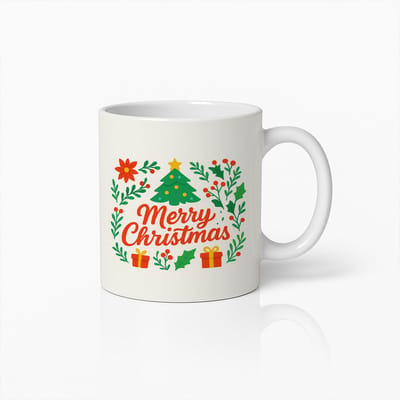 330ml Merry Christmas Mok met Kerstboom, Cadeautjes en Hulst – Feestelijk Kerstcadeau Idee