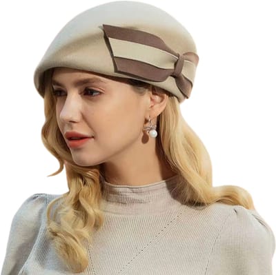 Vintage Franse Wol Baret Dames – Camel Vilten Fedora Hoed met Grote Boog – Elegante Winterhoed voor Kerk, Bruiloft en Feest – Modieuze Hoed voor Vrouwen
