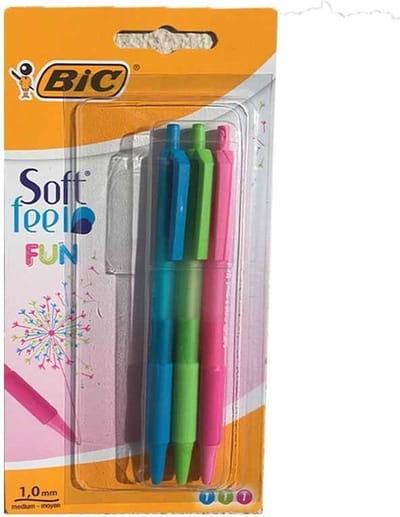 Set van 3 BIC balpennen in lichtgroen en lichtblauw roze, intrekbaar.