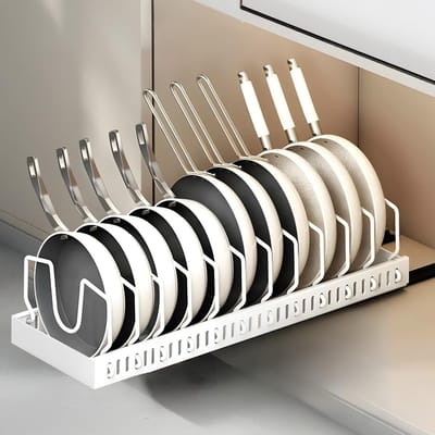 Pot -Lid Houder, Pult -Out Pots & Pans met 12 Verstelbare Compartimenten, Keukensorganisator, Pot -Dekselopslag, Panhouder Voor Lade, Wit