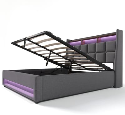 COVREO Bedframe 140x200 cm grijs, USB, LED en opbergruimte, zonder matras