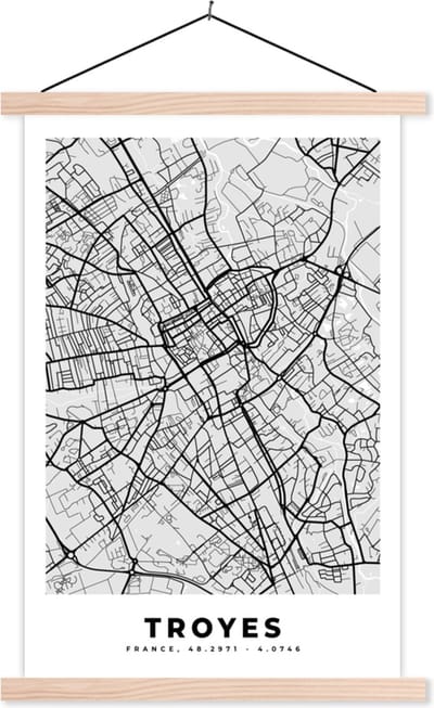 Posterhanger incl. Poster 40x60 cm - Schoolplaat - Frankrijk - Plattegrond - Kaart - Troyes - Stadskaart - Textielposter - Blanke latten - Stadskaart