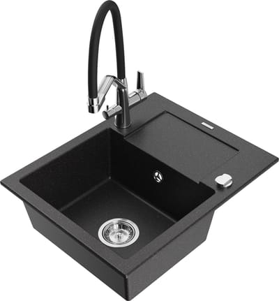 Mexen Enzo granieten spoelbak 1-komerig met afdruipvlak en keukenkraan Duo, zwart/zilver metallic - 6506-73-671701-07