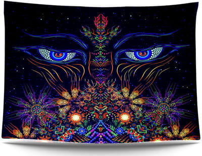 Decoratie Versiering - Ulticool - Ogen Bloemen Meditatie - Glow in the Dark Tapestry Decoratie Magic - Psychedelisch - Blacklight Party Wandkleed - 200x150 cm - Backdrop UV Lamp - Groot wandtapijt - Poster - Neon Fluor Verlichting
