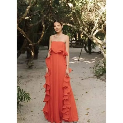 Dames Zomer Vakantiejurk Oranje Geplooide Chiffon Lange Formele Jurken Op Maat Gemaakt Gerimpelde Strapless Strandfeestjurk U99Z M red