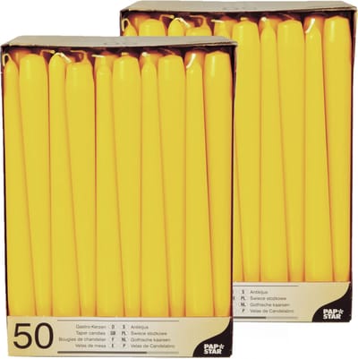 100x stuks Voordeelverpakking dinerkaarsen donkergeel - 25 cm - 7 branduren