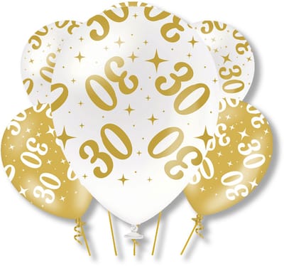 BTH – 30 Jaar Latex Ballonnen – 6 stuks – Wit-Goud – Verjaardag Versiering – 30 Jaar Decoratie – Helium – 30cm