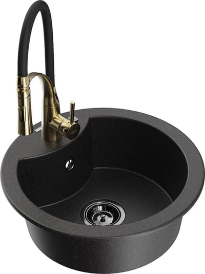 Mexen Diego granieten gootsteen 1-komorige met keukenmengkraan Aster, zwart/zilver metallic - 6512-73-73450-57-B