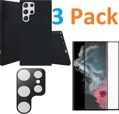Soft TPU Siliconen Hoesje Back Cover zwart + Display Full Tempered Glass Screen Protector  + Camera lens Beschermer zwart Geschikt voor :Samsung Galaxy S22 Ultra