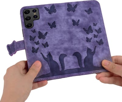 BookCover Etui Hoes geschikt voor Samsung Galaxy S25 Ultra - Vlinders en Kat - Reliëf - Paars