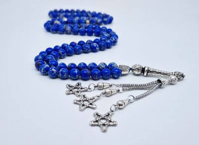 Handgemaakte tesbih "Tasbih" natuursteen " Lapis Lazuli" - Aantal kralen 99 - Diameter kralen 8MM - met metaal tassel "Grote sterren" - Een mooi cadeau-idee