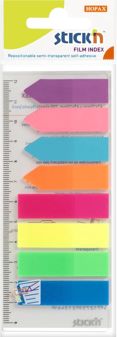 Stick'n Film Index - 45x12mm - Liniaal - 4x Recht - 4x Pijlvormig - 8 Kleuren - 200 Index Tabs