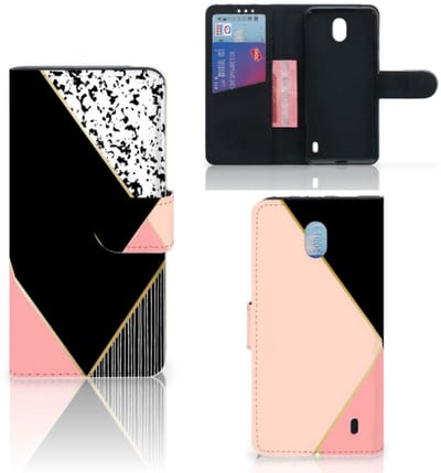 Nokia 1 Plus Book Case Zwart Roze Vormen