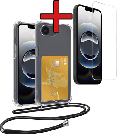 Hoesje Geschikt voor iPhone 16e / 17e Hoesje Met Telefoonkoord en Pasjeshouder Met Screenprotector Siliconen - Hoes Geschikt voor iPhone 16e / 17e Hoesje Met Kaarthouder Shock Proof Case - Transparant
